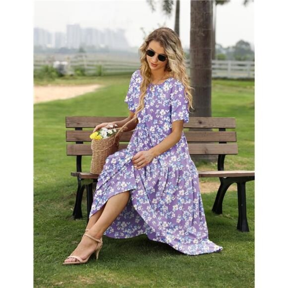 Women's‎ Casual Bohemian Floral Maxi Dress with Pockets, Short Sleeve, Loose Fit - Picture 2 of 6
